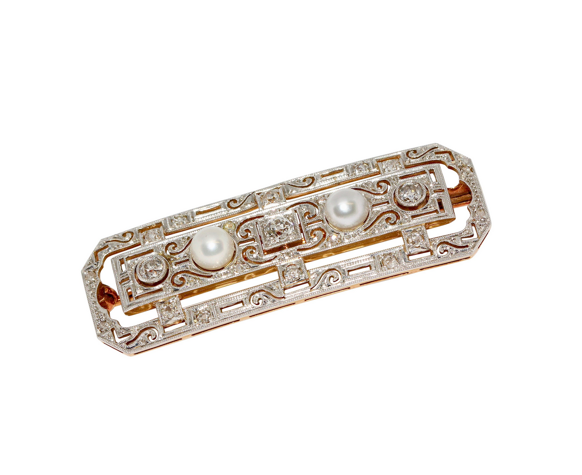 Art-Déco-Brosche aus Weiß- und Gelbgold mit Diamanten und Naturperlen