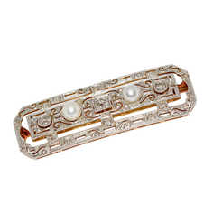 Art-Déco-Brosche aus Weiß- und Gelbgold mit Diamanten und Naturperlen