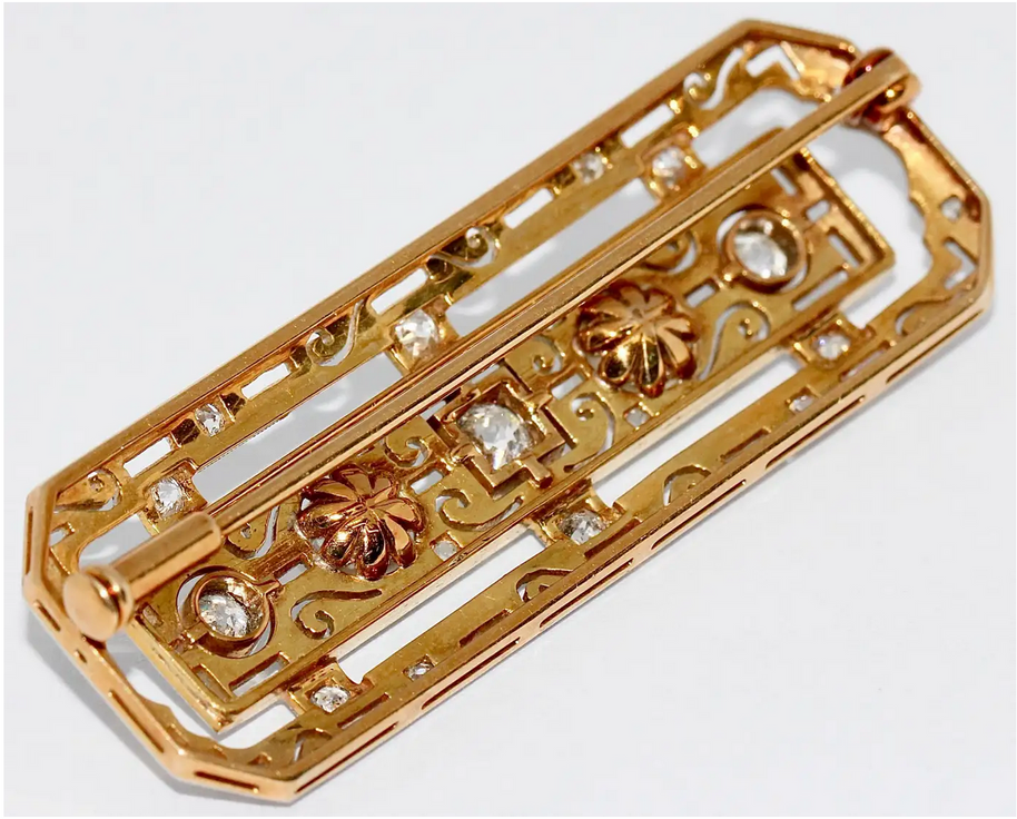 Art-Déco-Brosche aus Weiß- und Gelbgold mit Diamanten und Naturperlen