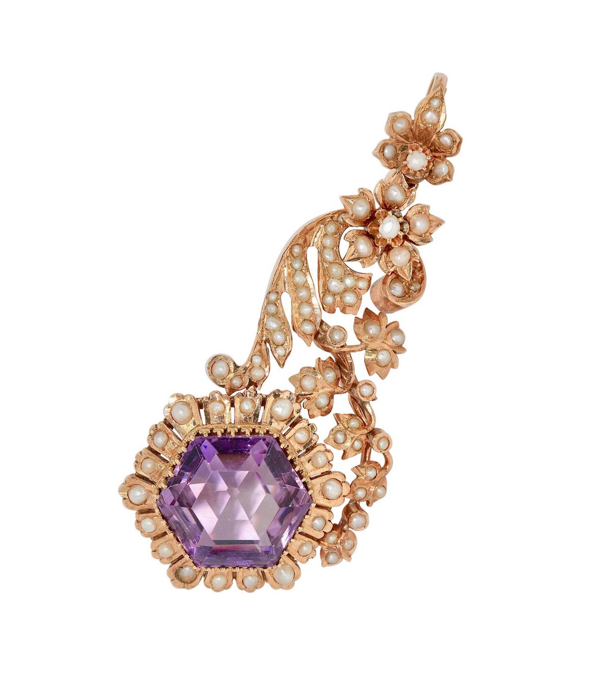 Antiker viktorianischer Anhänger mit Amethyst und Naturperlen in 14 Karat Roségold