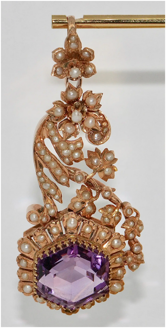 Antiker viktorianischer Anhänger mit Amethyst und Naturperlen in 14 Karat Roségold