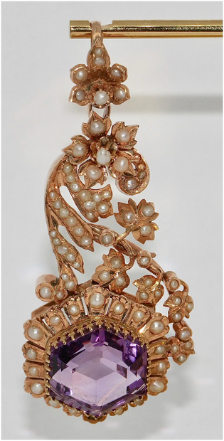 Antiker viktorianischer Anhänger mit Amethyst und Naturperlen in 14 Karat Roségold