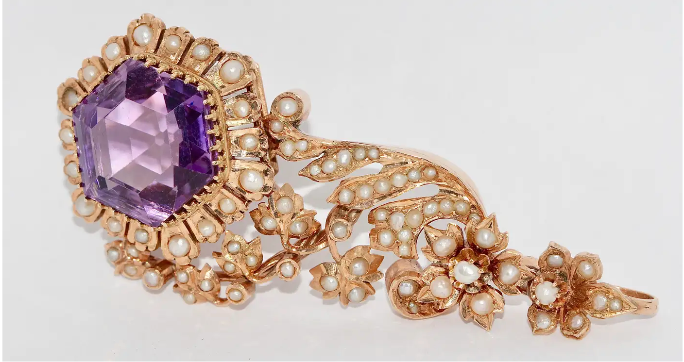 Antiker viktorianischer Anhänger mit Amethyst und Naturperlen in 14 Karat Roségold