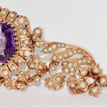 Antiker viktorianischer Anhänger mit Amethyst und Naturperlen in 14 Karat Roségold