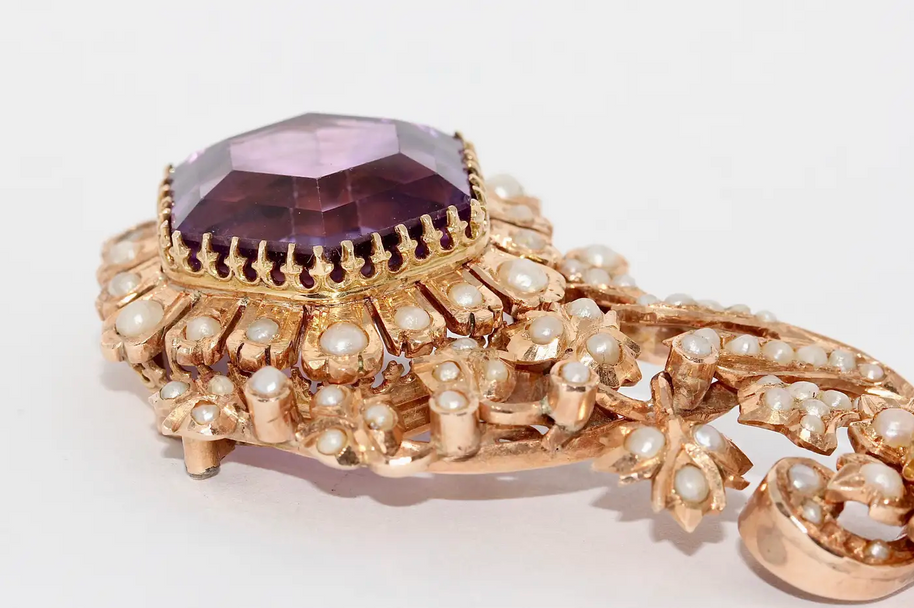 Antiker viktorianischer Anhänger mit Amethyst und Naturperlen in 14 Karat Roségold