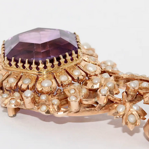 Antiker viktorianischer Anhänger mit Amethyst und Naturperlen in 14 Karat Roségold