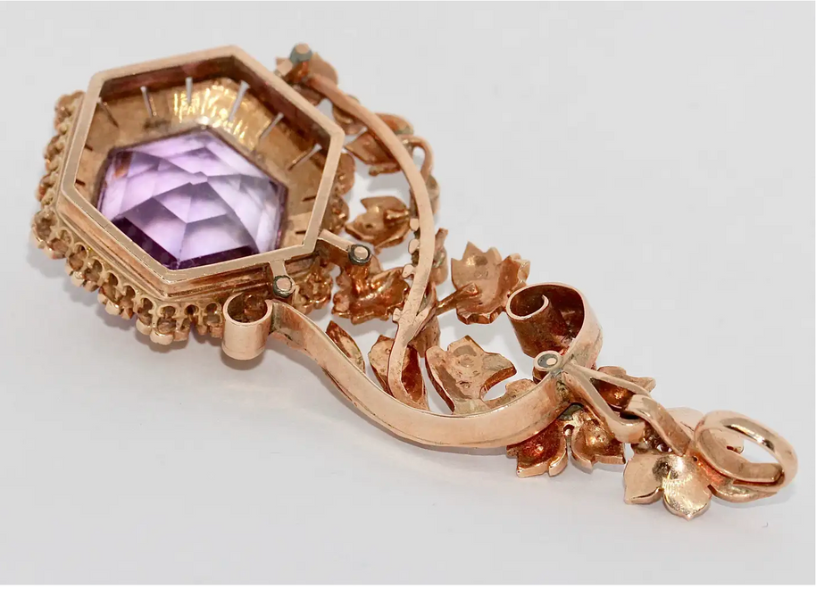 Antiker viktorianischer Anhänger mit Amethyst und Naturperlen in 14 Karat Roségold