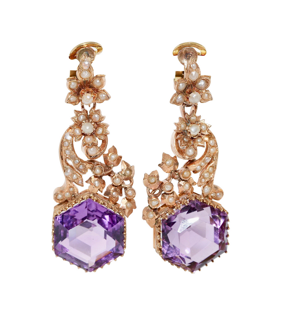 Antike viktorianische Ohrringe mit Amethysten und Naturperlen in 14 Karat Roségold
