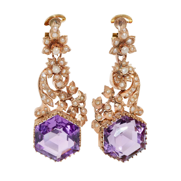 Antike viktorianische Ohrringe mit Amethysten und Naturperlen in 14 Karat Roségold