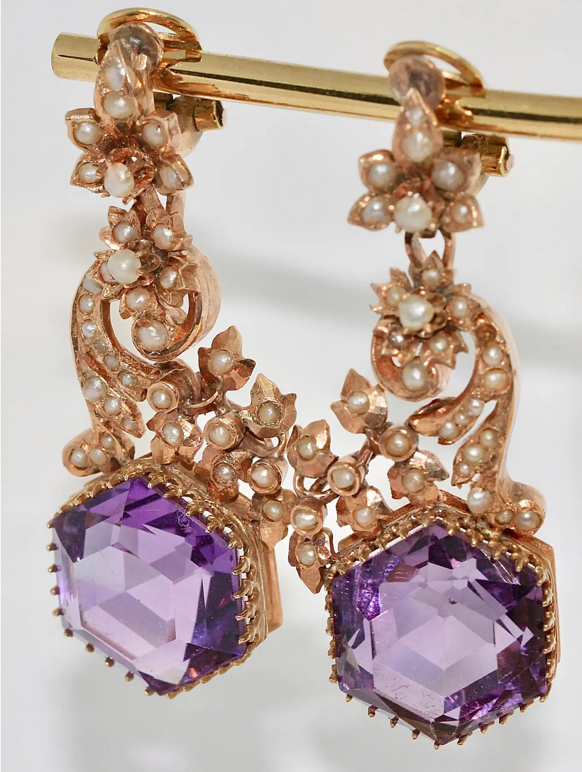 Antike viktorianische Ohrringe mit Amethysten und Naturperlen in 14 Karat Roségold