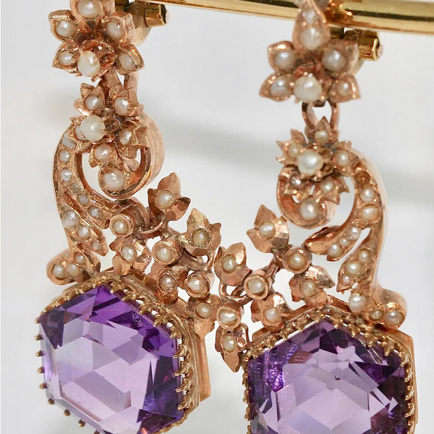 Antike viktorianische Ohrringe mit Amethysten und Naturperlen in 14 Karat Roségold