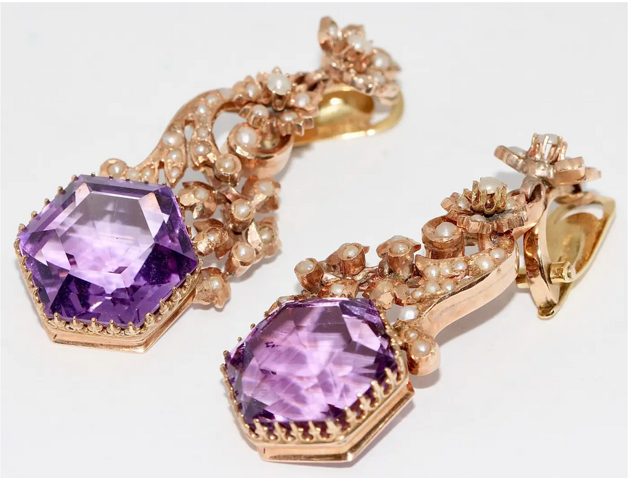 Antike viktorianische Ohrringe mit Amethysten und Naturperlen in 14 Karat Roségold