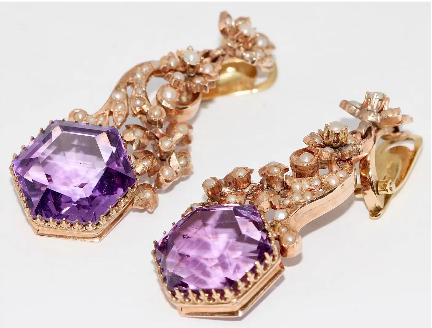 Antike viktorianische Ohrringe mit Amethysten und Naturperlen in 14 Karat Roségold