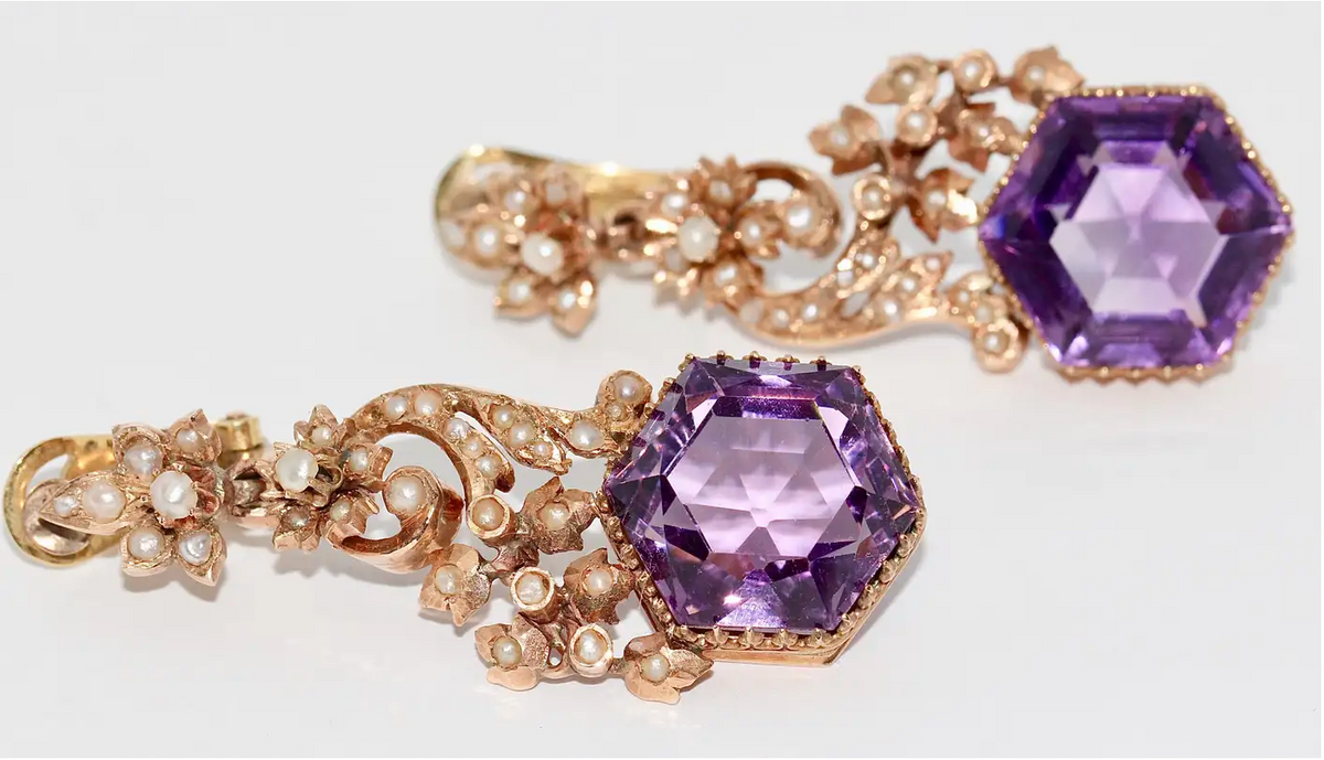 Antike viktorianische Ohrringe mit Amethysten und Naturperlen in 14 Karat Roségold