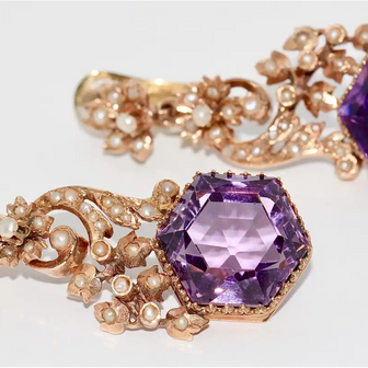 Antike viktorianische Ohrringe mit Amethysten und Naturperlen in 14 Karat Roségold
