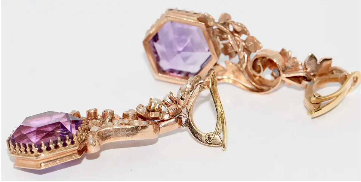 Antike viktorianische Ohrringe mit Amethysten und Naturperlen in 14 Karat Roségold