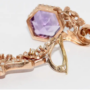 Antike viktorianische Ohrringe mit Amethysten und Naturperlen in 14 Karat Roségold