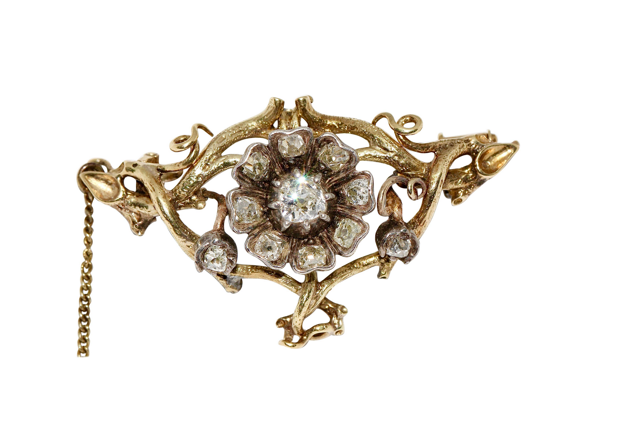 Antike Gold Brosche mit Diamanten im Naturalistic Style