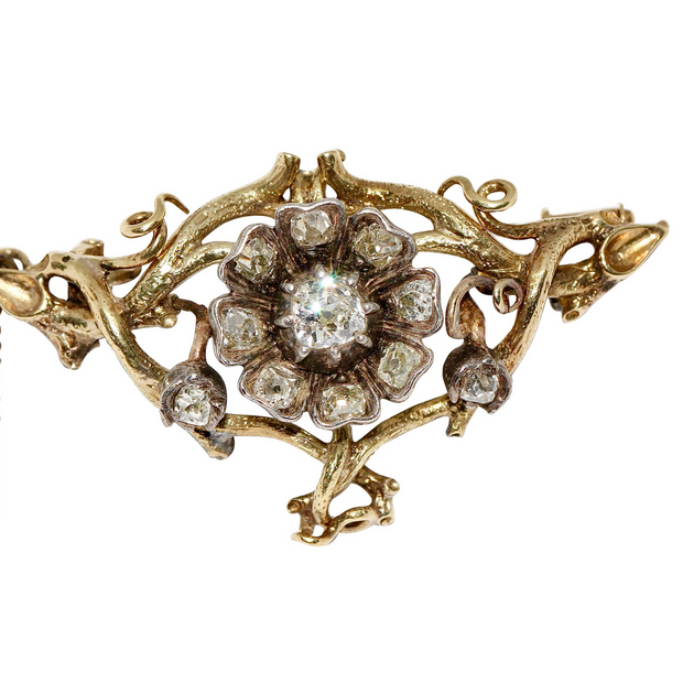 Antike Gold Brosche mit Diamanten im Naturalistic Style