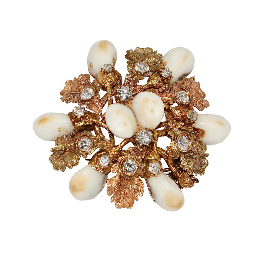 Antike Jagdbrosche aus Rosé- und Gelbgold mit Diamanten und Grandeln
