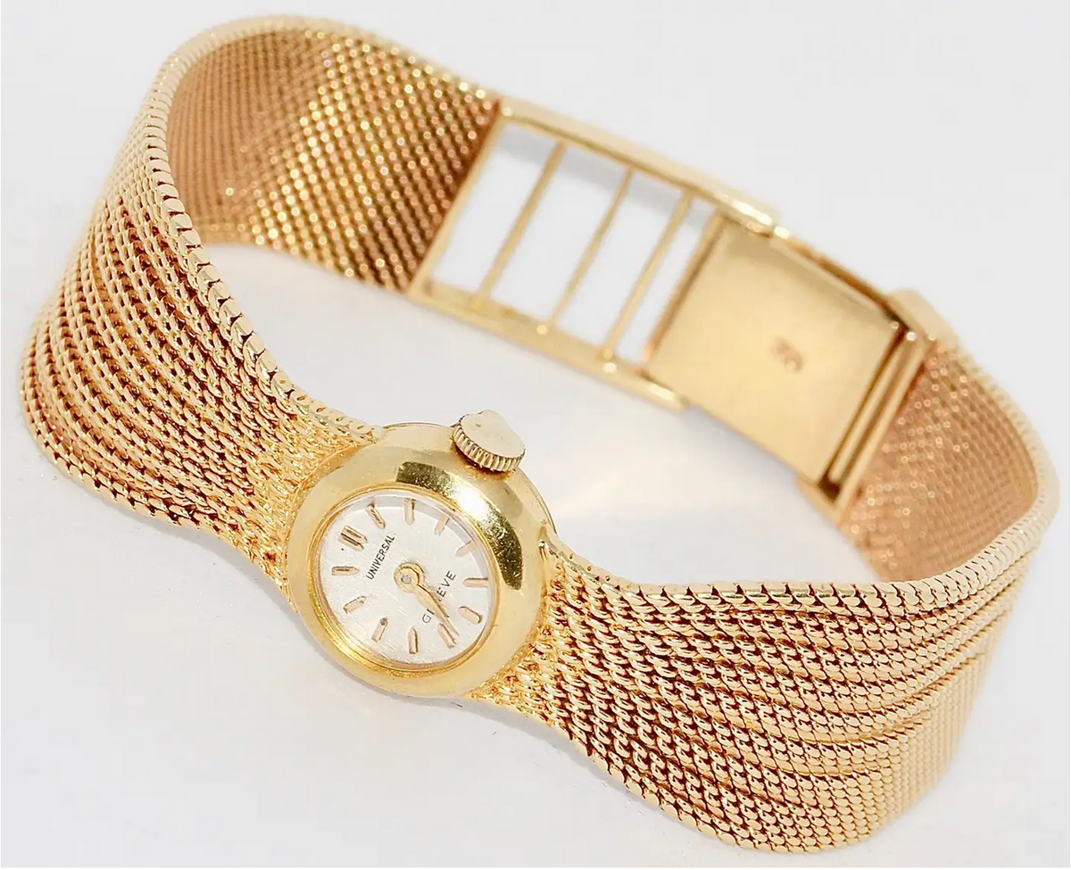 Universal Genève Damenarmbanduhr aus 18 Karat Gold mit Diamanten – multifunktional als Uhr & Brosche