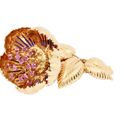 Einzigartige florale Brosche aus 18 Karat Gelbgold mit Rubinen und Emaille – beweglich