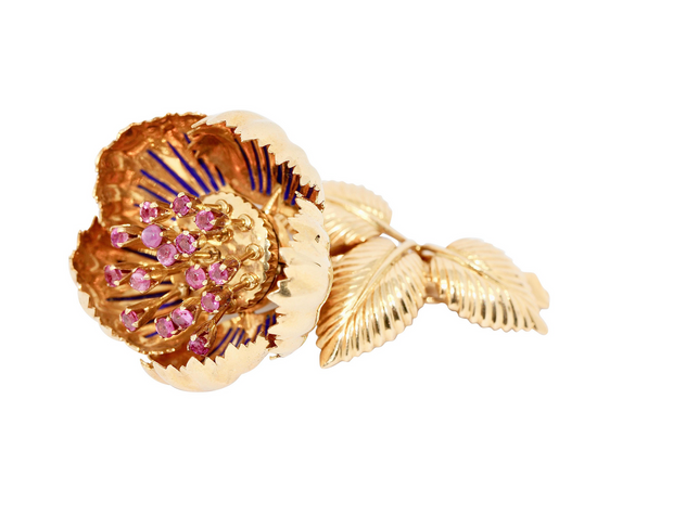 Einzigartige florale Brosche aus 18 Karat Gelbgold mit Rubinen und Emaille – beweglich