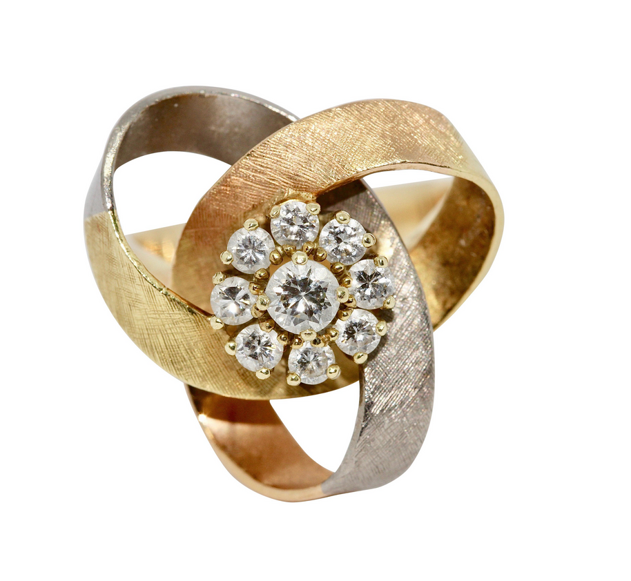 Tricolor Damenring aus Gelb-, Weiß- und Roségold mit Diamanten