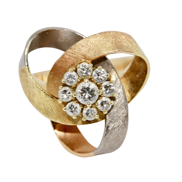 Tricolor Damenring aus Gelb-, Weiß- und Roségold mit Diamanten