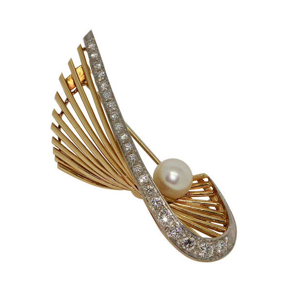 18 Karat Goldbrosche mit Diamanten und Perle