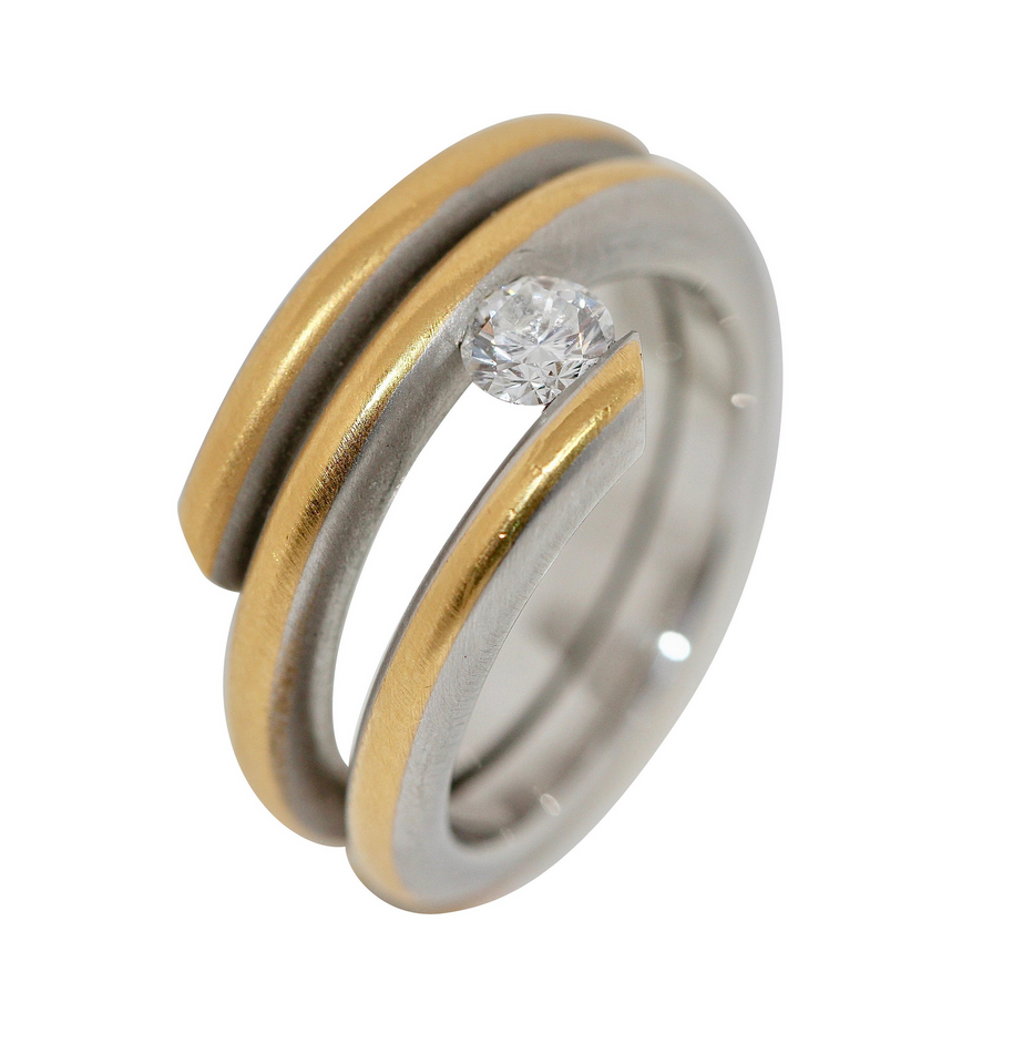 Modernistischer Solitärring aus 950 Platin und 21,6 Karat Gelbgold mit 0,53 ct Diamant (D/IF)