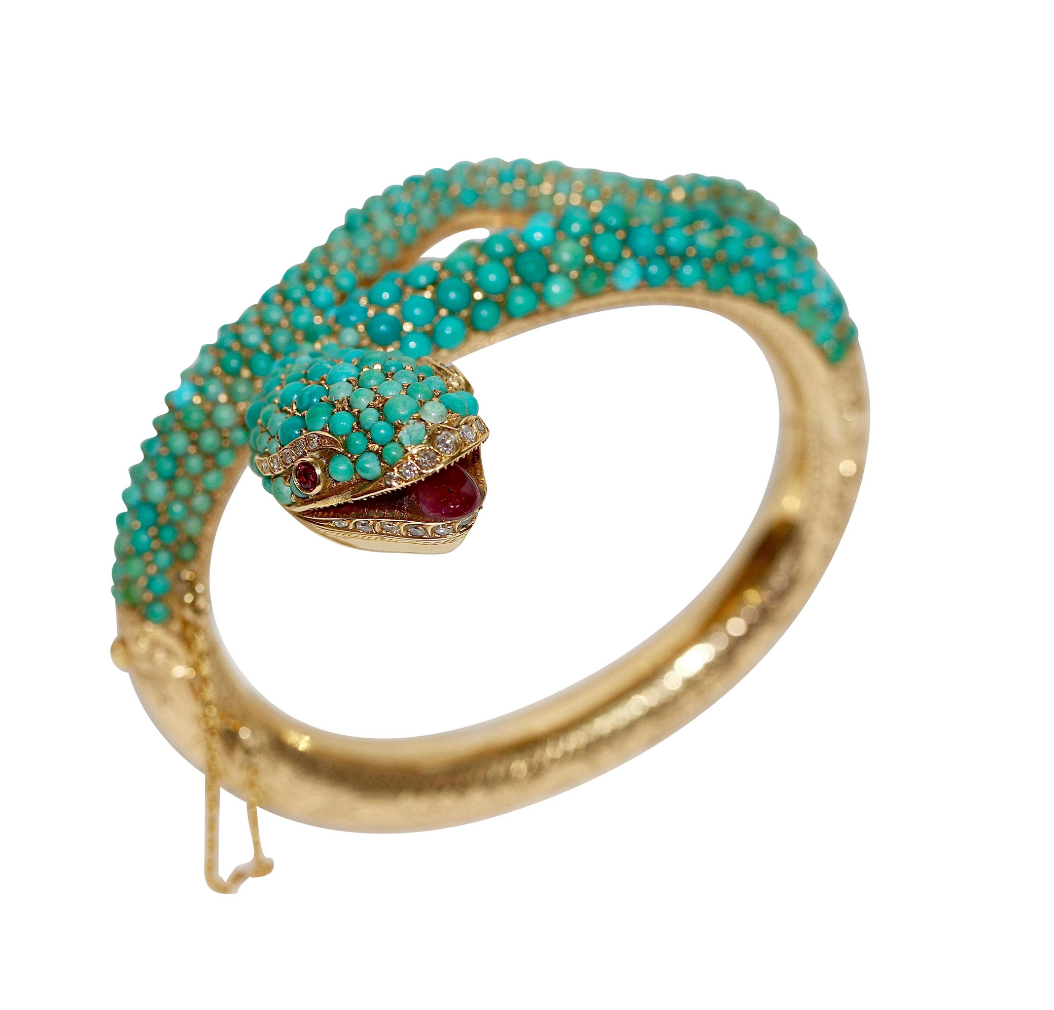 Prächtiger Schlangen-Reif Gelbgold mit Türkisen, Rubinen und Diamanten – um 1900