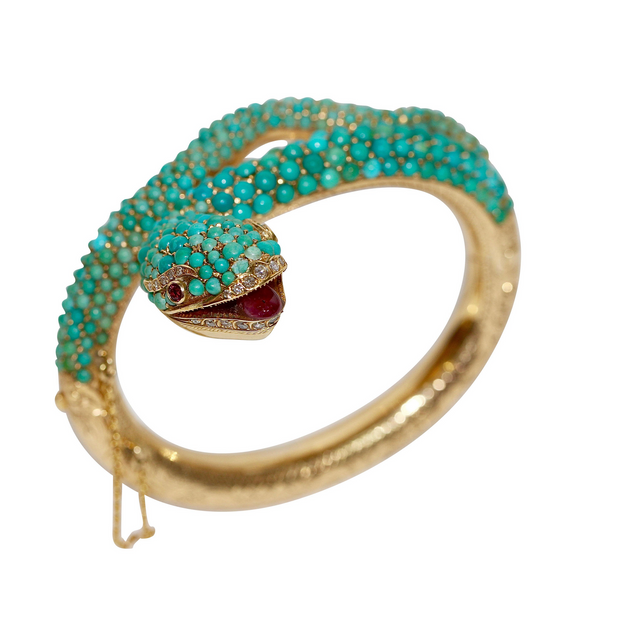 Prächtiger Schlangen-Reif Gelbgold mit Türkisen, Rubinen und Diamanten – um 1900