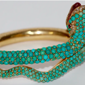 Prächtiger Schlangen-Reif Gelbgold mit Türkisen, Rubinen und Diamanten – um 1900