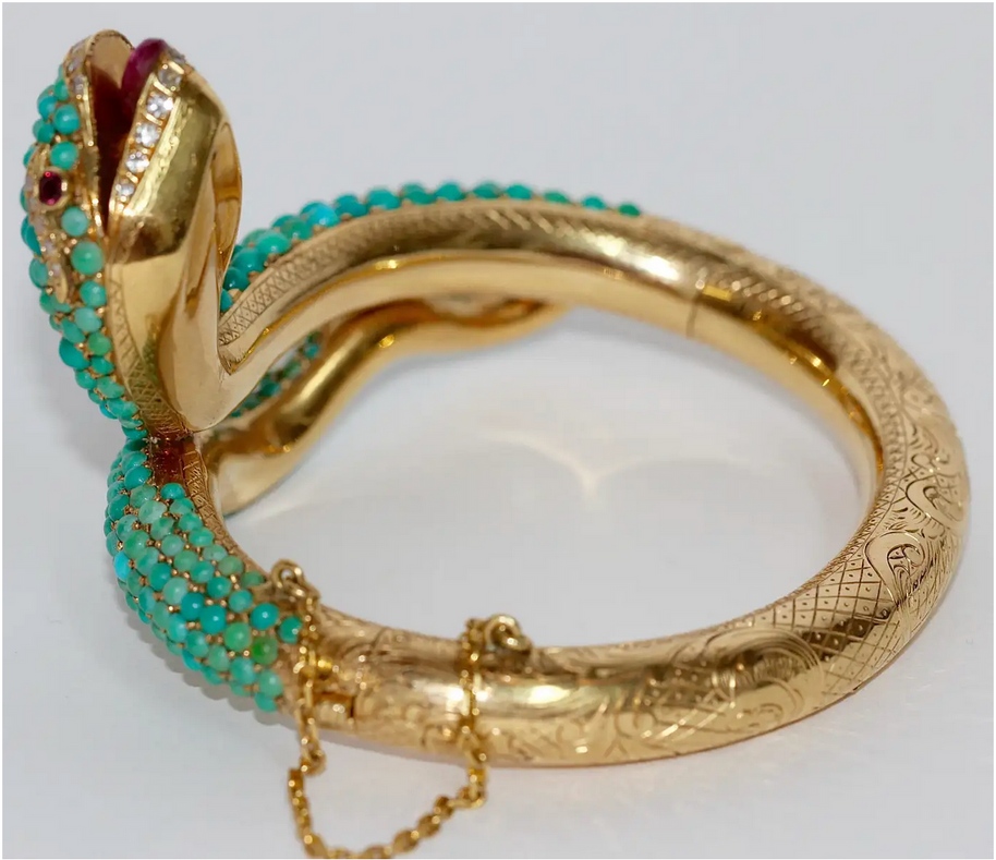 Prächtiger Schlangen-Reif Gelbgold mit Türkisen, Rubinen und Diamanten – um 1900