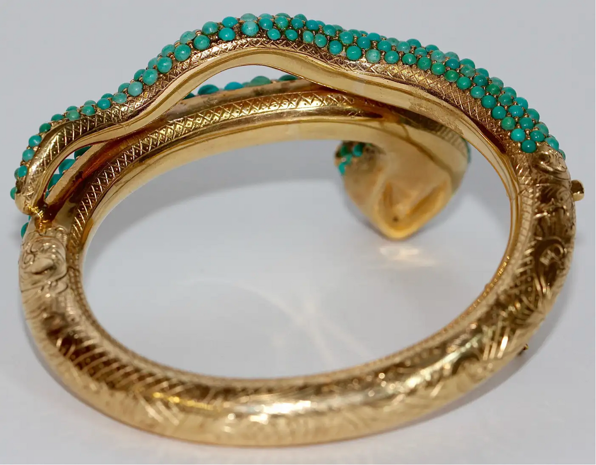 Prächtiger Schlangen-Reif Gelbgold mit Türkisen, Rubinen und Diamanten – um 1900