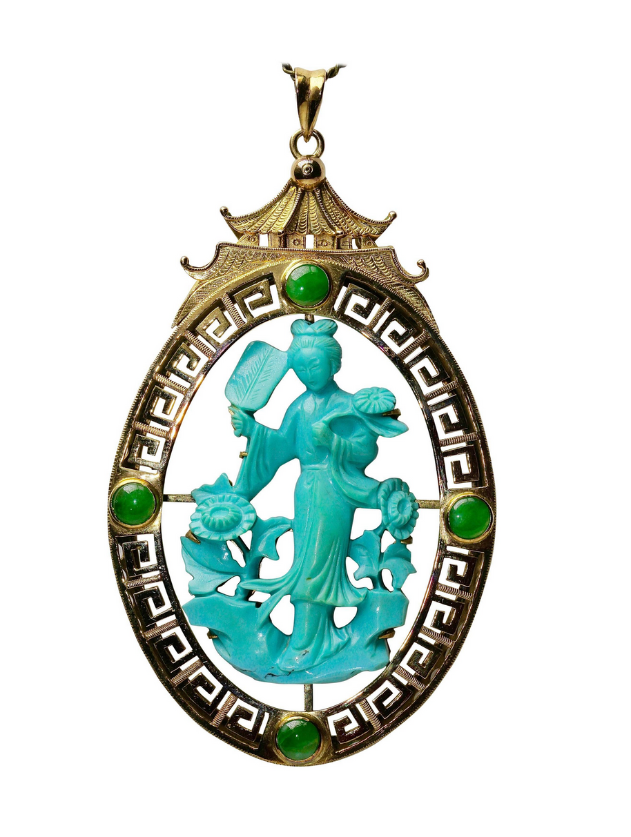 Asiatischer Anhänger Gelbgold mit Türkis und Jade-Cabochons