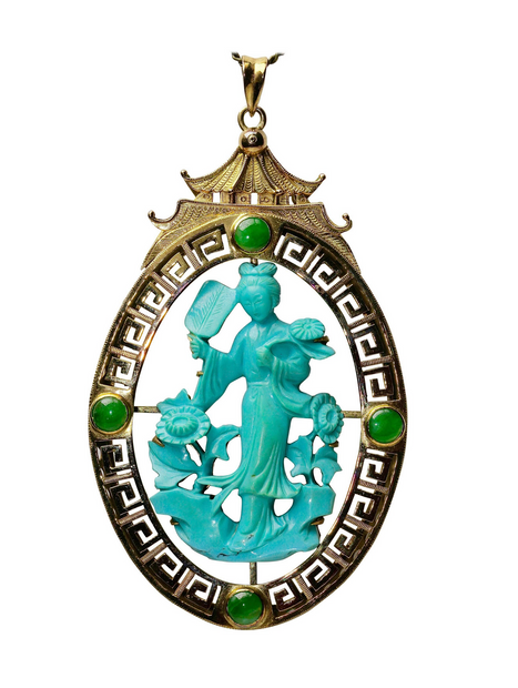 Asiatischer Anhänger Gelbgold mit Türkis und Jade-Cabochons