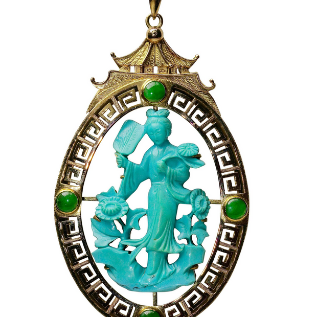 Asiatischer Anhänger Gelbgold mit Türkis und Jade-Cabochons