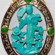 Asiatischer Anhänger Gelbgold mit Türkis und Jade-Cabochons