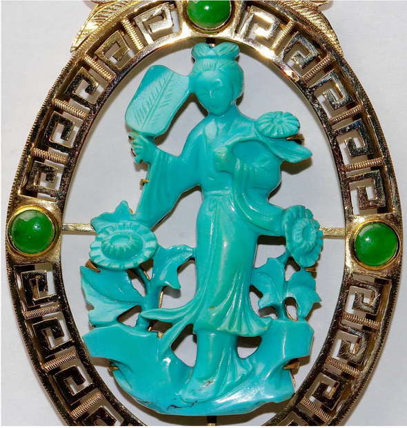 Asiatischer Anhänger Gelbgold mit Türkis und Jade-Cabochons