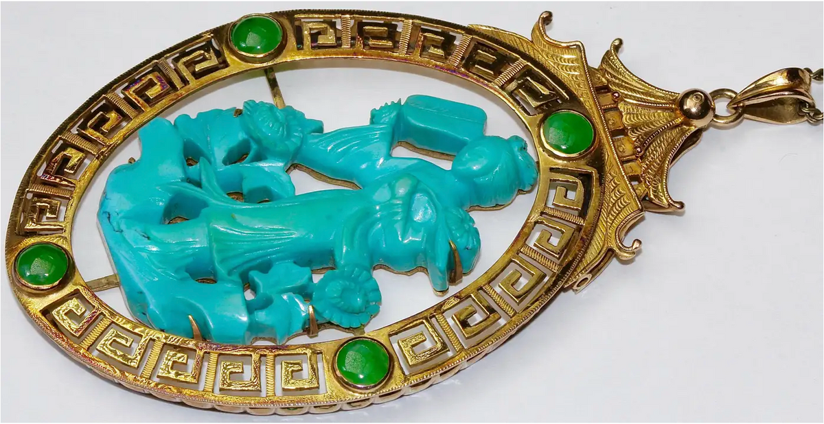Asiatischer Anhänger Gelbgold mit Türkis und Jade-Cabochons