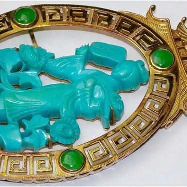 Asiatischer Anhänger Gelbgold mit Türkis und Jade-Cabochons