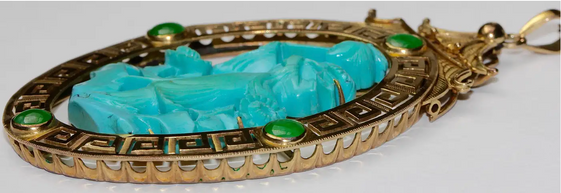 Asiatischer Anhänger Gelbgold mit Türkis und Jade-Cabochons