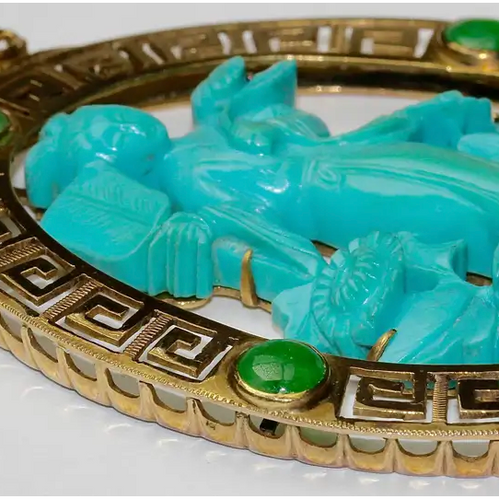 Asiatischer Anhänger Gelbgold mit Türkis und Jade-Cabochons