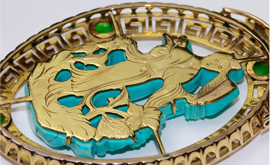 Asiatischer Anhänger Gelbgold mit Türkis und Jade-Cabochons