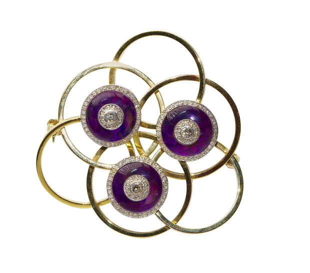 Goldbrosche mit Amethysten und Diamanten – geometrisches Design