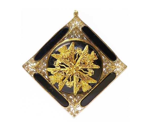 Antiker Gold Anhänger mit aufklappbarem Fach - Onyx und Filigranarbeit