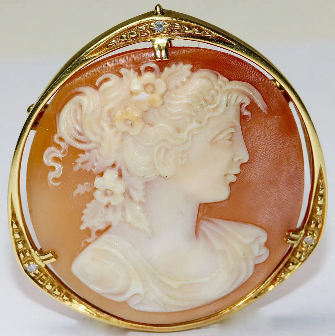 Kamee-Brosche & Anhänger in 18 Karat Gold mit Diamanten