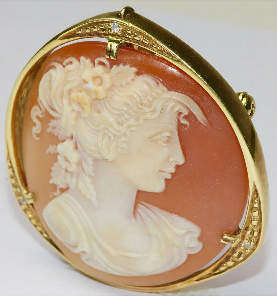 Kamee-Brosche & Anhänger in 18 Karat Gold mit Diamanten